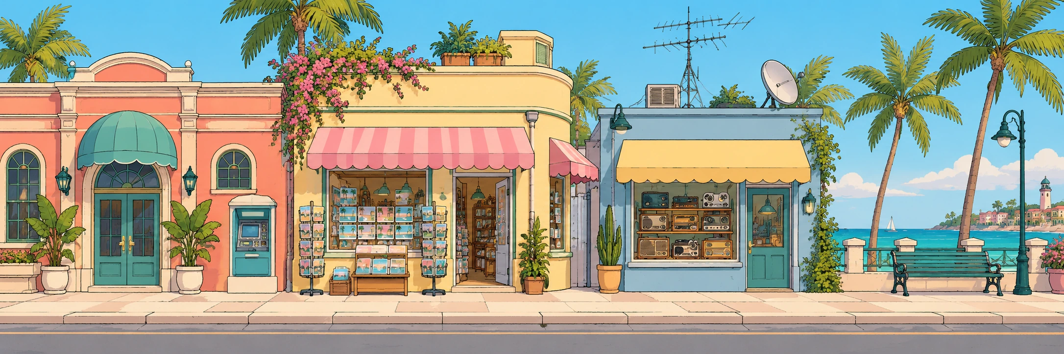 A continuous sunny coastal street with a bank, newsstand, radio shop and beach