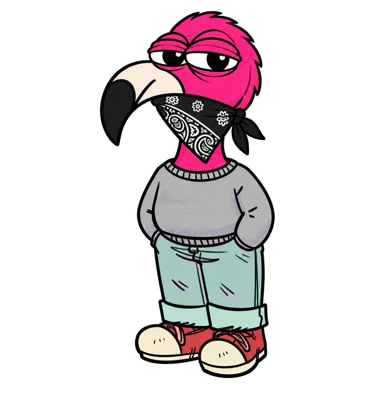 GLITCH pink flamingo in the classic Chill Guy pose with grey sweater, mint jeans, red sneakers and hands in pockets